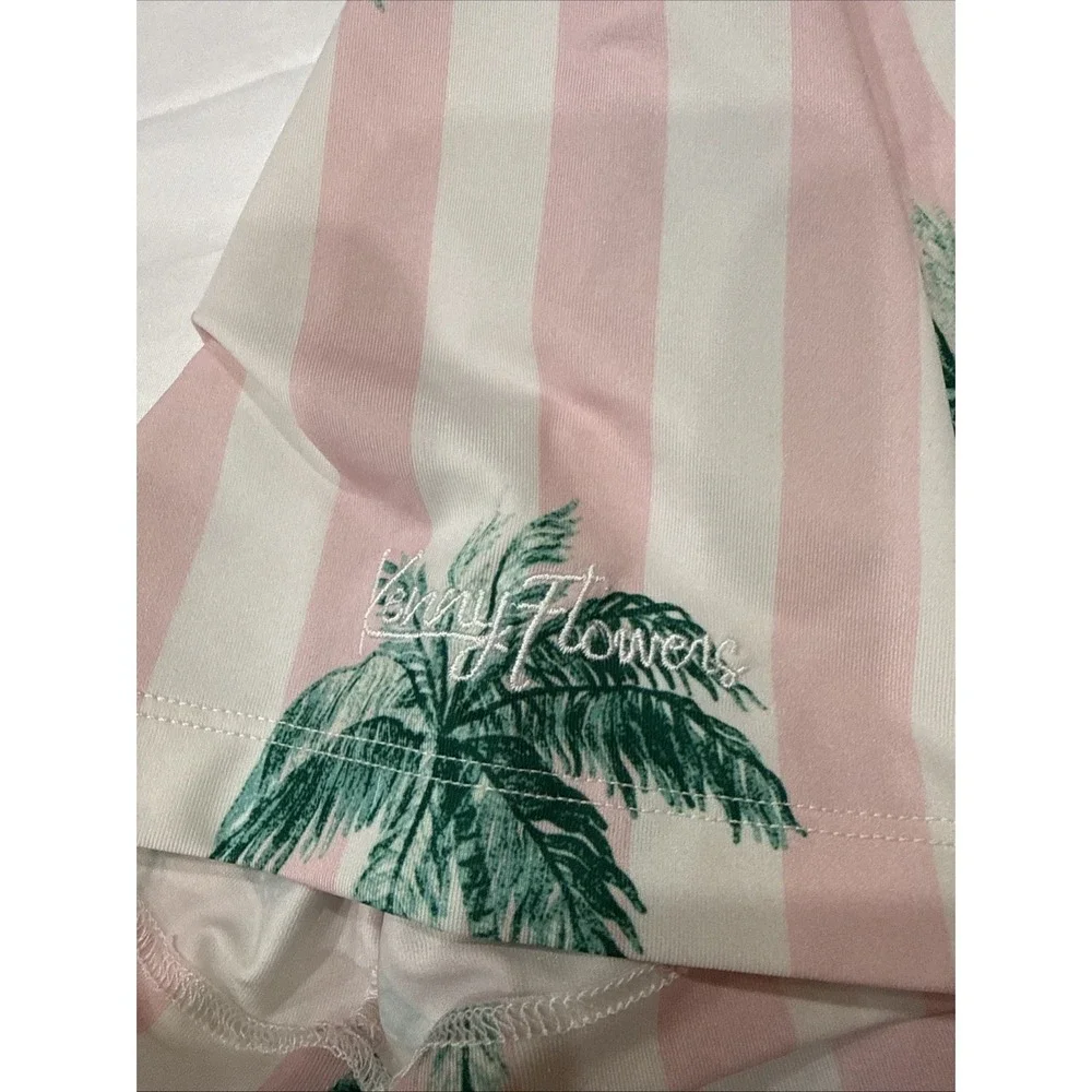 Kenny Flowers Polo Shirt Mens Sz M Pink White Palm Tree Stripe Stretch Portugal
